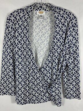 Talbots Faux Wrap Blouse Women's Size PM Blue & White Chain Pattern V-Neck
